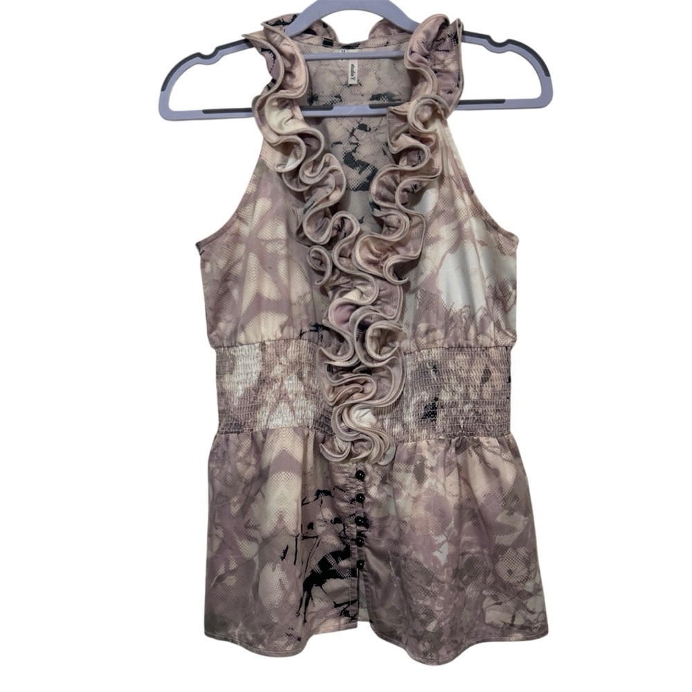 Studio Y Mauve & Gray Abstract Snakeskin Ruffle Halter Blouse with Smocked Waist